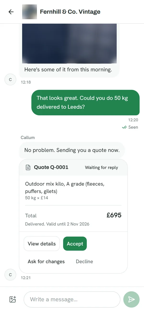 A chat with a wholesaler, with a quote in the conversation